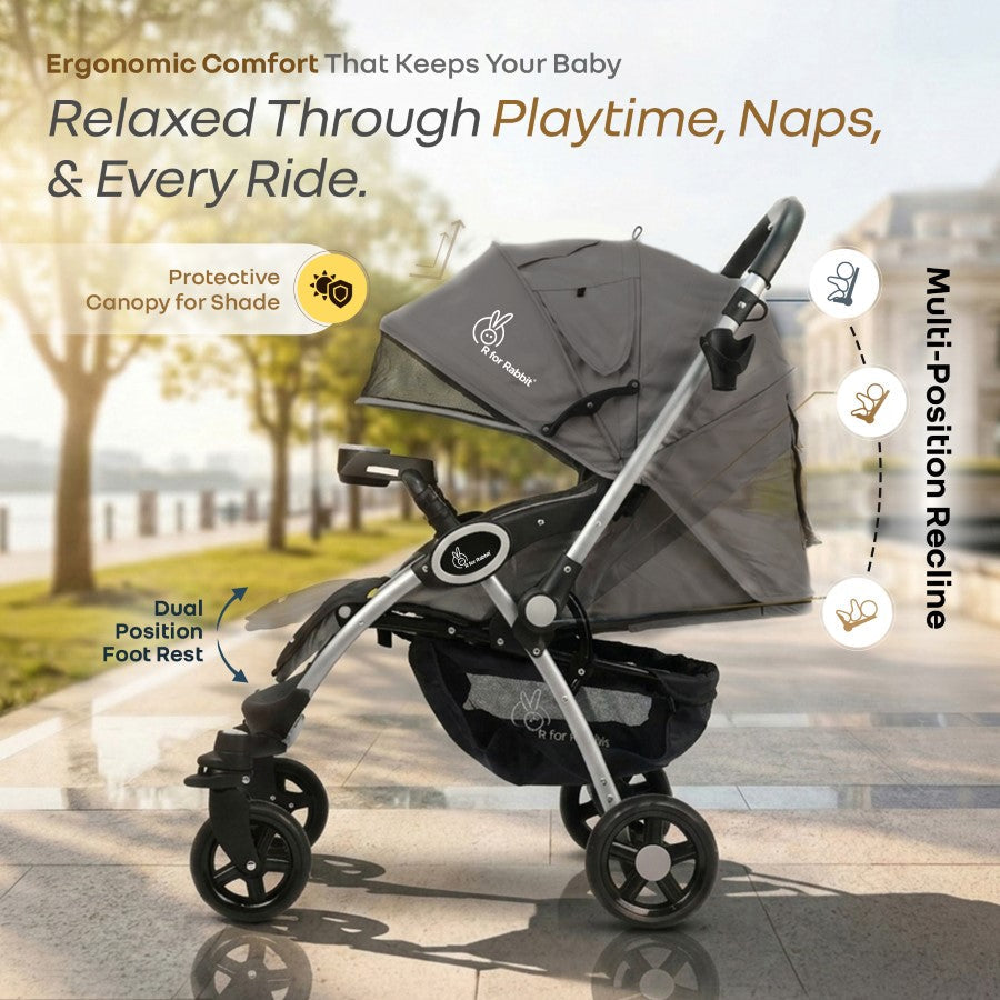 Chocolate Ride Stroller For Kids Reversible Handle, Multiple Recline Positions, Cup Holder with Meal Tray, 5 Point Safety Harness, Storage Basket - Grey Safari