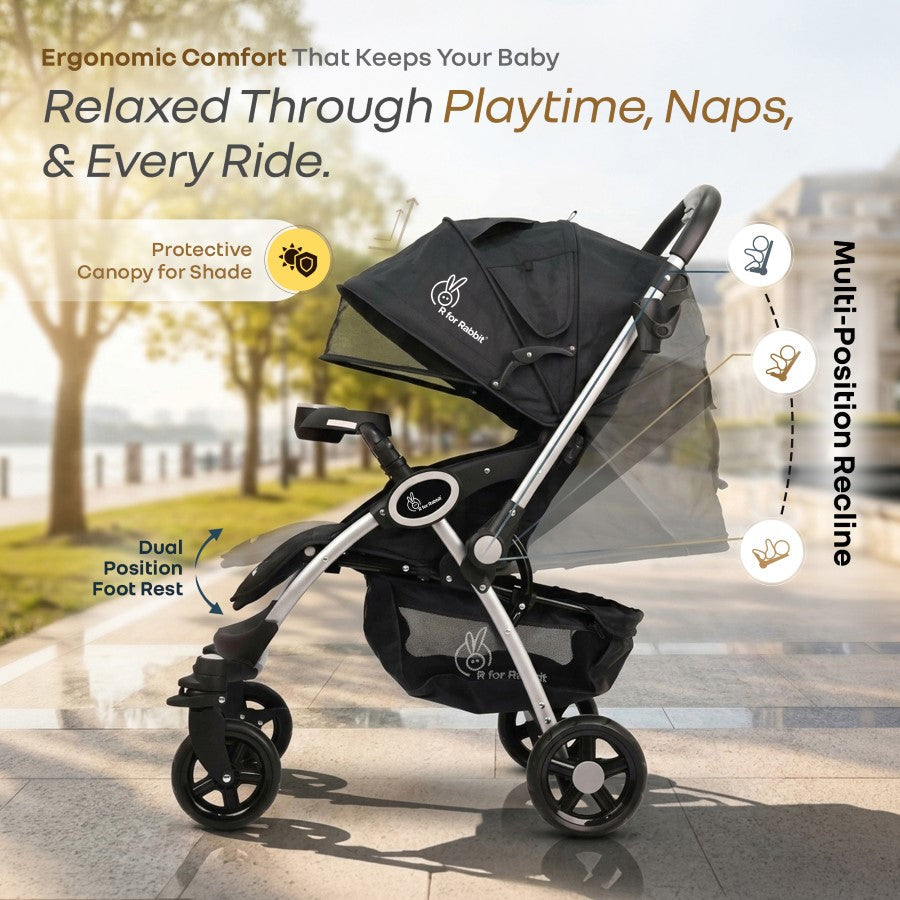 Chocolate Ride Stroller For Kids Reversible Handle, Multiple Recline Positions, Cup Holder with Meal Tray, 5 Point Safety Harness, Storage Basket - Black Grey