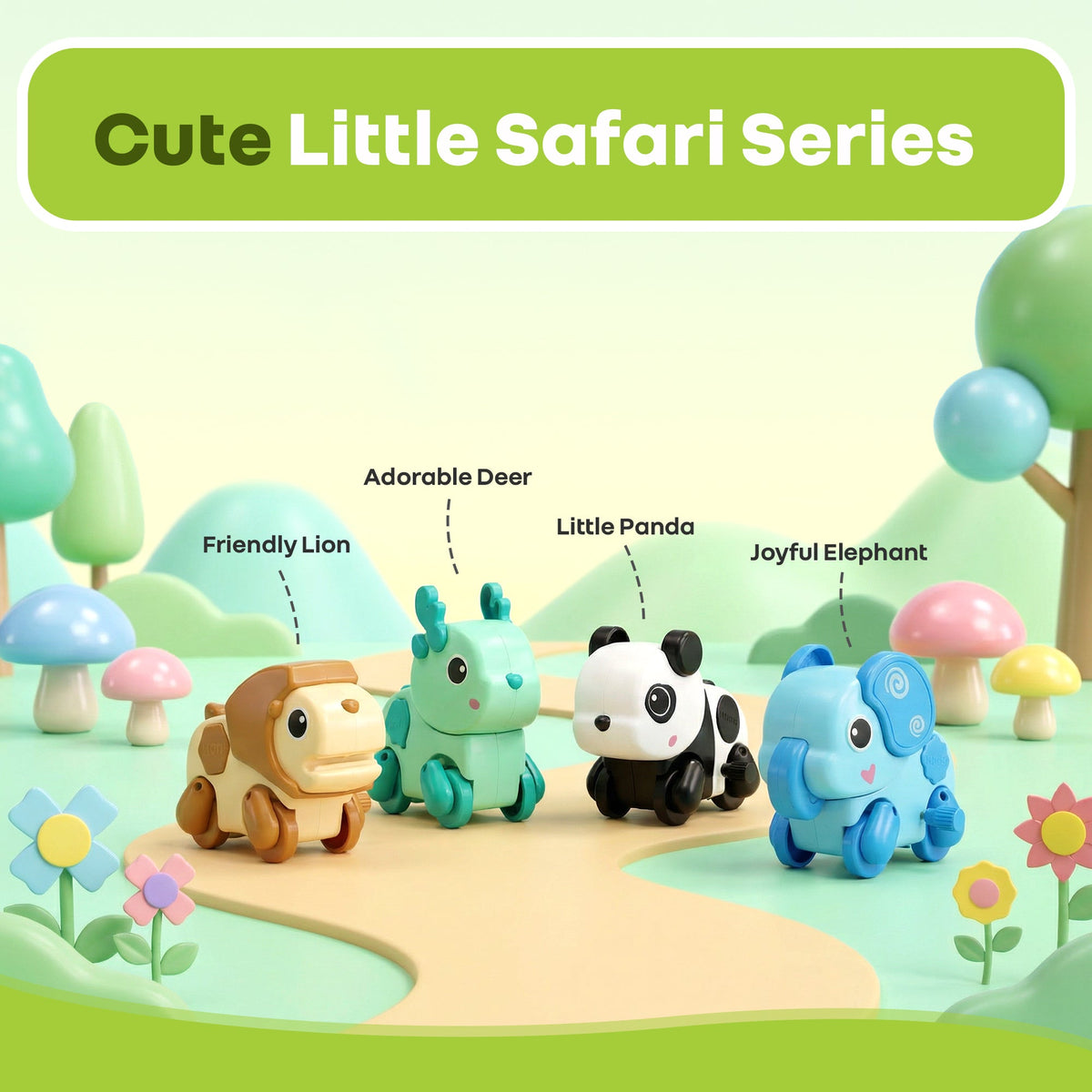 Orapple Safari - Set of 4 Windup Animal Toys for Babies (Panda, Lion, Elephant, Deer) - Multi 1
