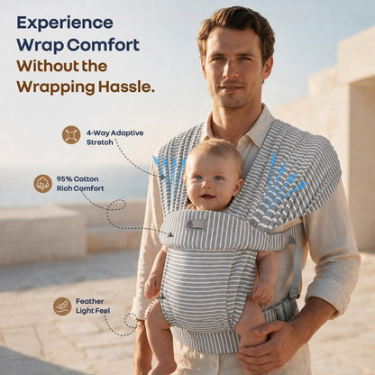 Solo Wrap Flexi Self-Wear Baby Carrier with Feather-Light Cotton Fabric and Ergonomic M-Shape Support – Mist Grey Stripes