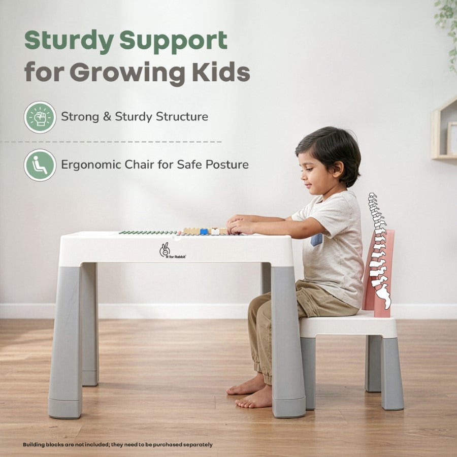 Little Genius Learner Neo Kids Table & Chair Set with Storage, Height Booster, Lego-Compatible Activity Table & Safety Rounded Edges (3–7 Years) - Grey Multi