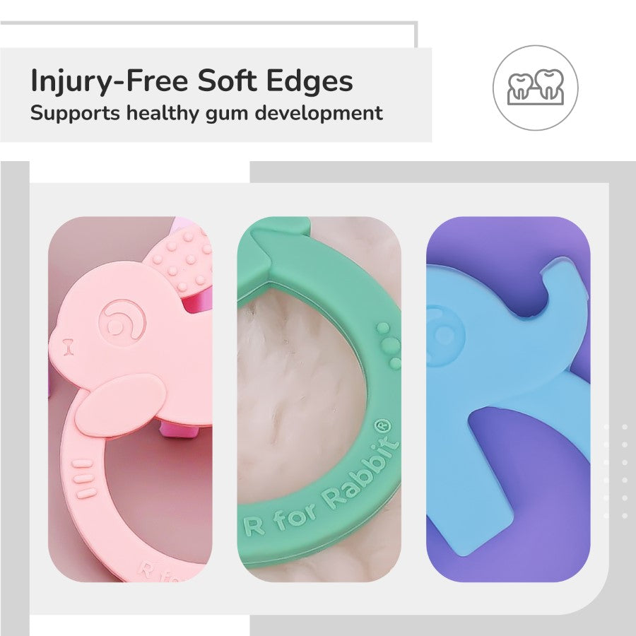 Tiny Bites Zoobie Baby Silicone Teethers Pack of 3 Crocodile, Rabbit, and Elephant - Green-Pink-Blue