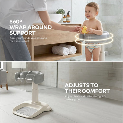 Fun Time Aqua Hug Kids Bath Stand, Wide Adjustable Handrail, Anti-Skid Base, Sturdy Triangular Frame, Built-In Shower Rack, Adjustable Height, Age 9–36 Months – Metallic Grey