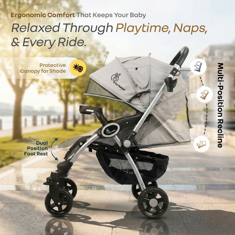 Chocolate Ride Stroller For Kids Reversible Handle, Multiple Recline Positions, Cup Holder with Meal Tray, 5 Point Safety Harness, Storage Basket - Rainbow