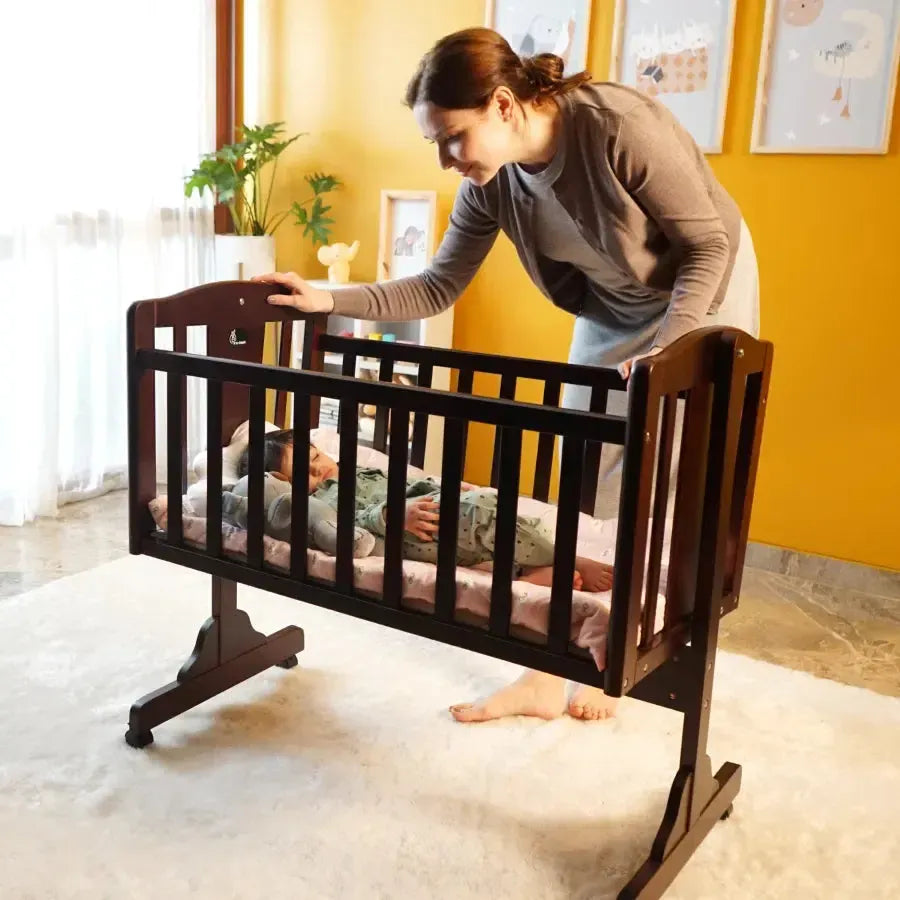 Dream Time Wooden Cradle - Swing & Wheel Lock, High Quality Pine Wood, Scratch Resistant - Brown