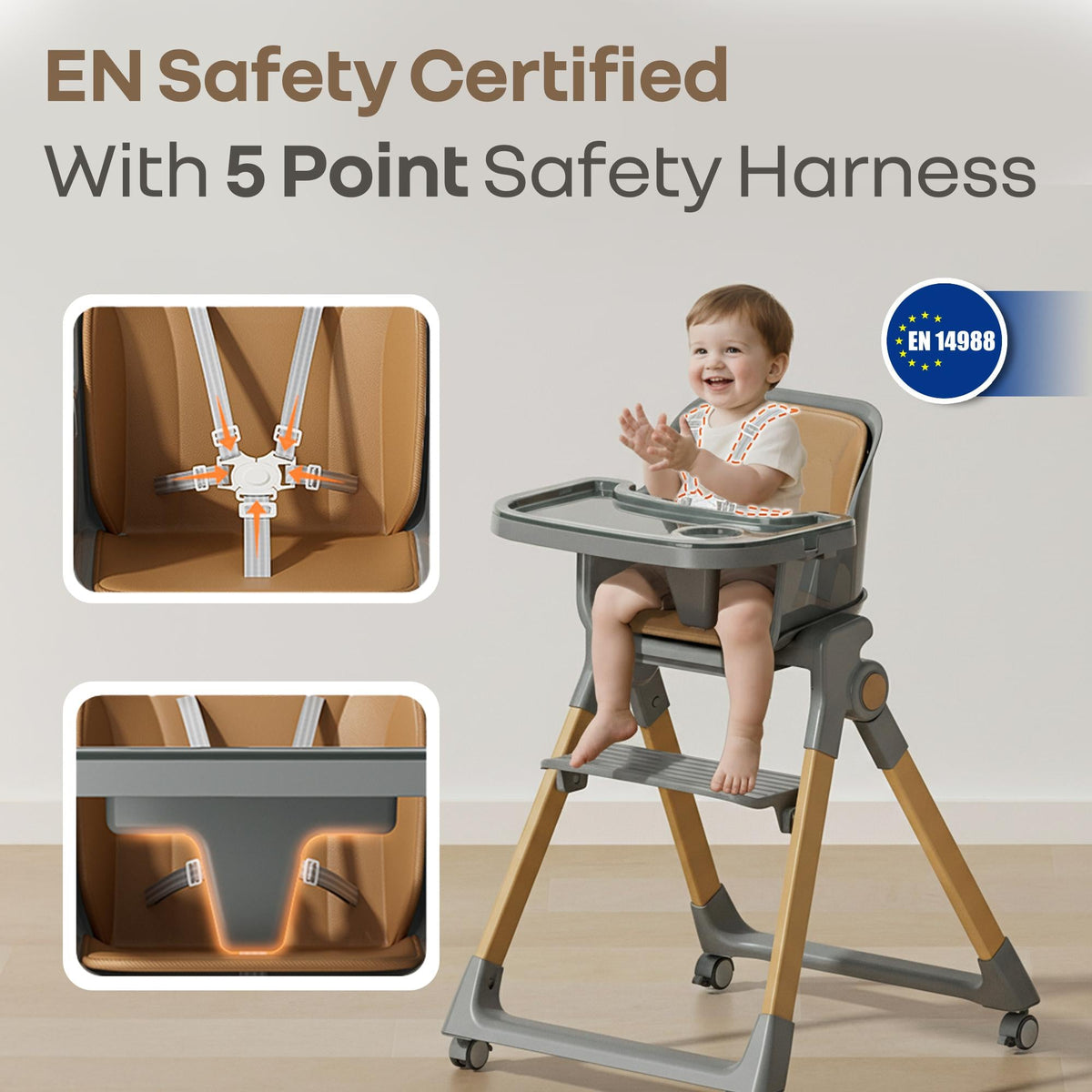 Walnut High Chair - 3 in 1 Convertible kids Highchair with Booster & Stool - Dark Grey