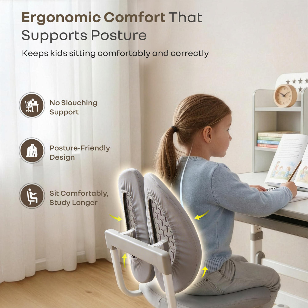 Kiddie Grow Flex Adjustable Kids Study Table with Chair – Ergonomic Desk with Storage Shelves, Drawer, Spacious Tabletop & Height Adjustment for Growing Kids (3–15 Years) - Grey White