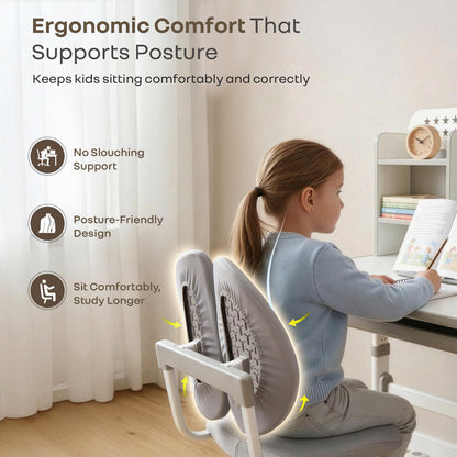 Kiddie Grow Flex Adjustable Kids Study Table with Chair – Ergonomic Desk with Storage Shelves, Drawer, Spacious Tabletop & Height Adjustment for Growing Kids (3–15 Years) - Grey White
