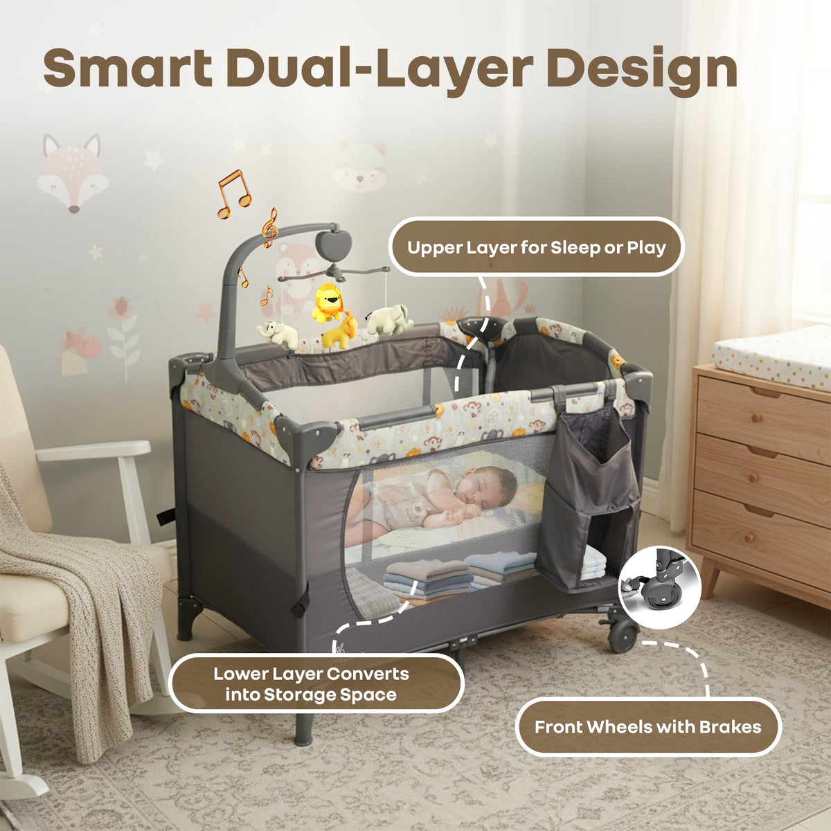Hide N Seek Multiplay Cot - Convertible Baby Cot with Diaper Changer, Playpen & Travel Bag - Black Multi