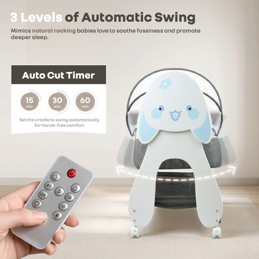 Lullabies Woodsy Bunny Smart Baby Cradle – 2-in-1 Auto Swing Cradle & Bedside Bassinet with Bluetooth Music, Timer, Plush Mattress, Mosquito Net & Storage Basket (0–18 Months) - Grey White