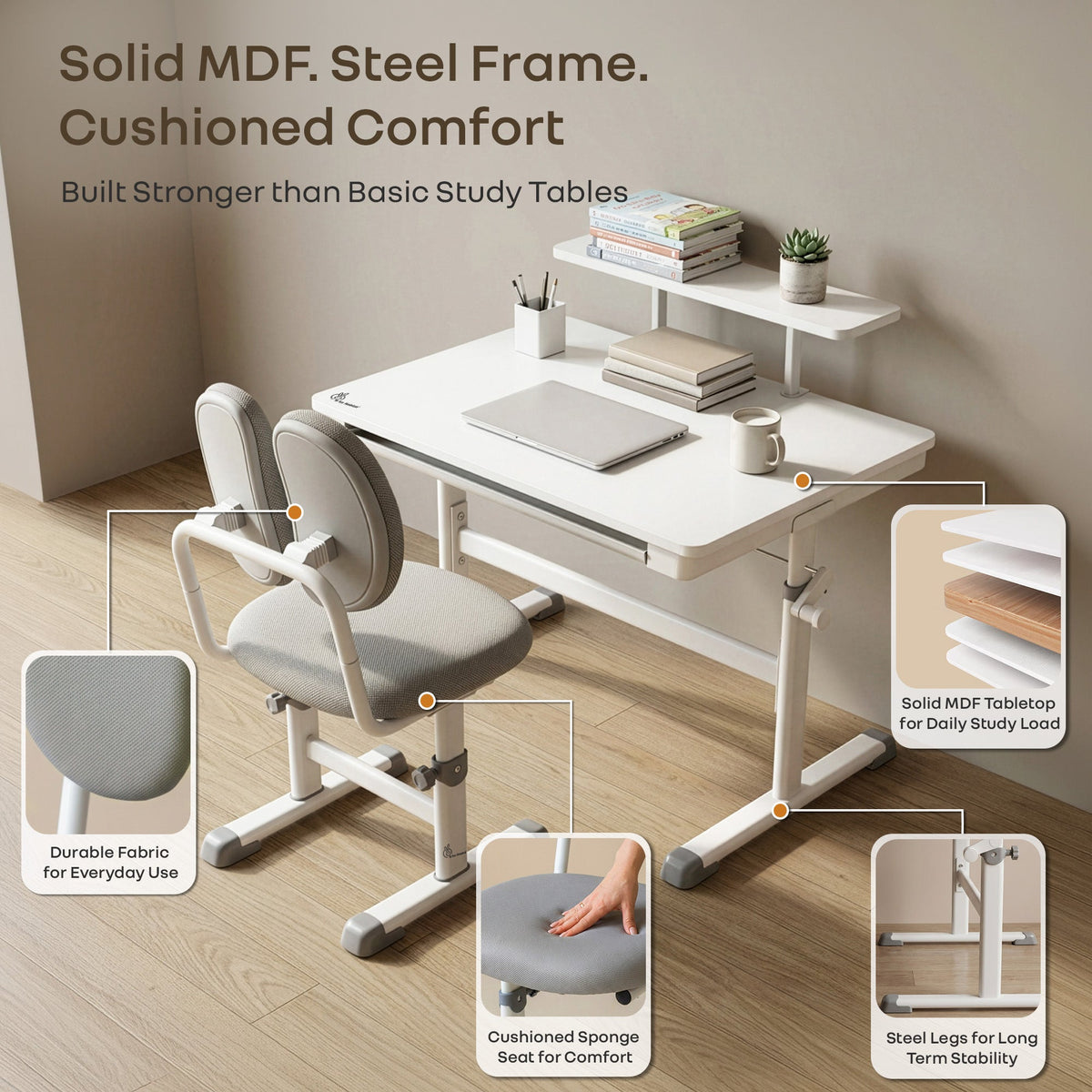 Kiddie Grow Edge Kids Study Table & Chair Set 3-15 Years, Adjustable Height, Storage Drawer & Bookshelf - White Grey