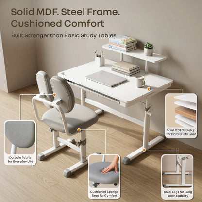 Kiddie Grow Edge Kids Study Table & Chair Set 3-15 Years, Adjustable Height, Storage Drawer & Bookshelf - White Grey