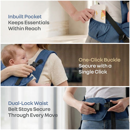 Solo Wrap Comfy 5-in-1 Baby Carrier with Detachable Hip Seat, X Back & Lumbar Support, Ergonomic M Position - Denim Blue