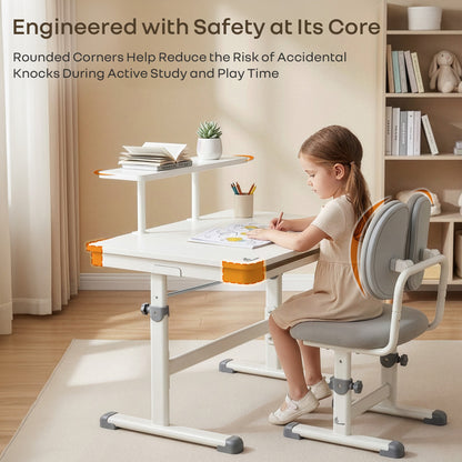 Kiddie Grow Edge Kids Study Table & Chair Set 3-15 Years, Adjustable Height, Storage Drawer & Bookshelf - White Grey