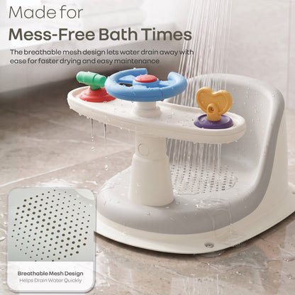 Fun Time Cozy 2 in 1 Baby Bath Seat, Ergonomic TPR Backrest, Quick Draining Mesh, Interactive Toy, Anti-Slip, Age 6+ Months – Grey Ivory