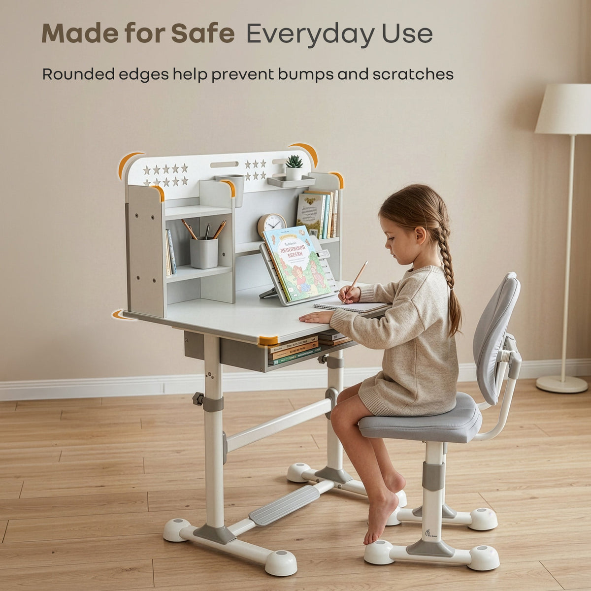 Kiddie Grow Flex Adjustable Kids Study Table with Chair – Ergonomic Desk with Storage Shelves, Drawer, Spacious Tabletop & Height Adjustment for Growing Kids (3–15 Years) - Grey White