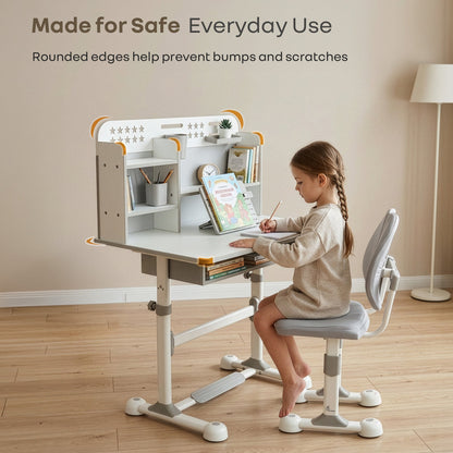Kiddie Grow Flex Adjustable Kids Study Table with Chair – Ergonomic Desk with Storage Shelves, Drawer, Spacious Tabletop & Height Adjustment for Growing Kids (3–15 Years) - Grey White