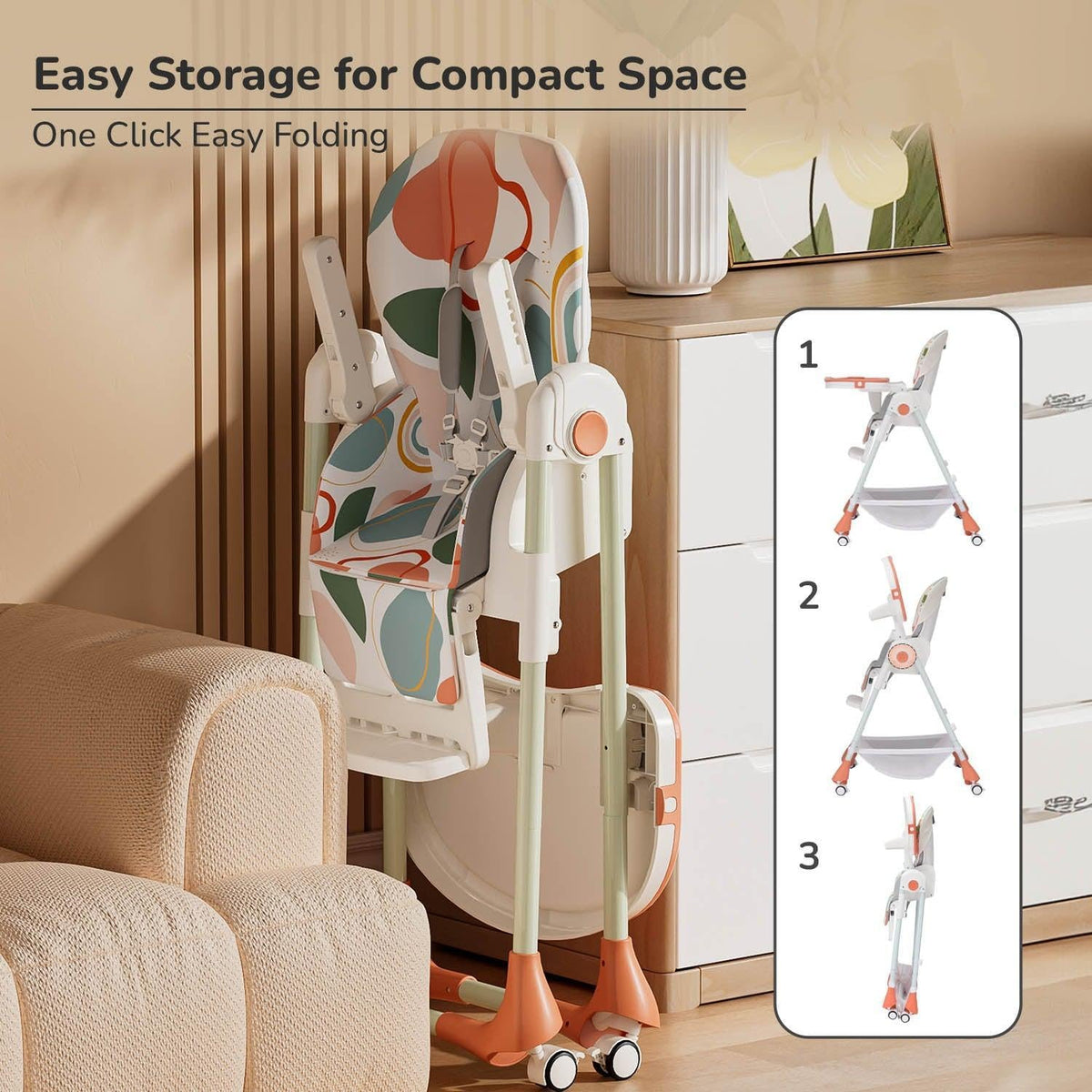Marshmallow High Chair - 7 Level Height Adjustment, 3 Recline Modes, Adjustable & Removable Double Meal Tray, 6 months-5 years - Abstract Peach