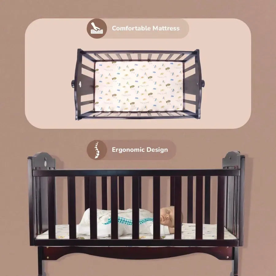 Dream Time Wooden Cradle - Swing & Wheel Lock, High Quality Pine Wood, Scratch Resistant - Brown