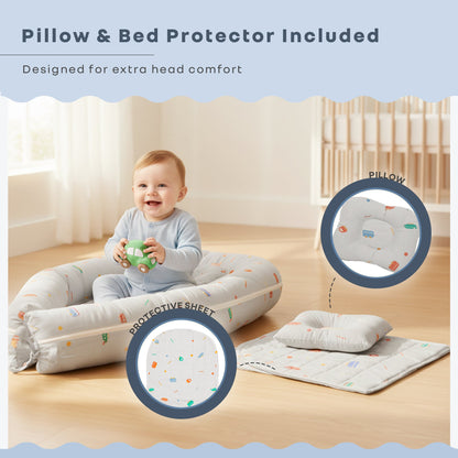 Snuggy Cuddles Newborn Baby Bed - Anti-Roll Baby Nest - 100% Cotton Breathable Lounger - Roadster Grey