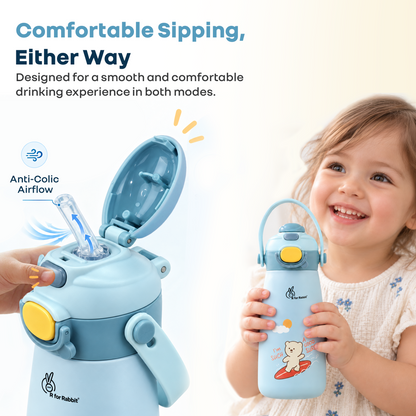 Steebo Duo 2-in-1 Stainless Steel Straw Sipper Bottle 500ml with Double Wall Insulation, Leak Proof Lockable Lid & Anti-Colic Design - Ice Blue