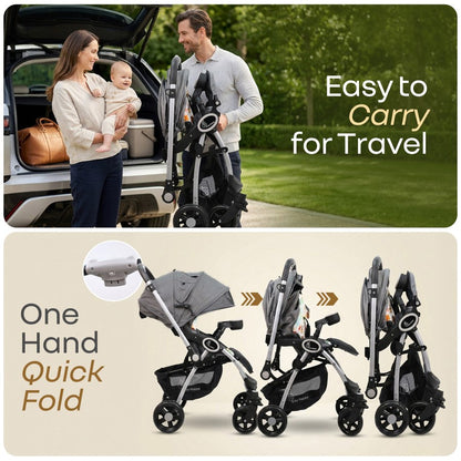 Chocolate Ride Stroller For Kids Reversible Handle, Multiple Recline Positions, Cup Holder with Meal Tray, 5 Point Safety Harness, Storage Basket - Grey Safari