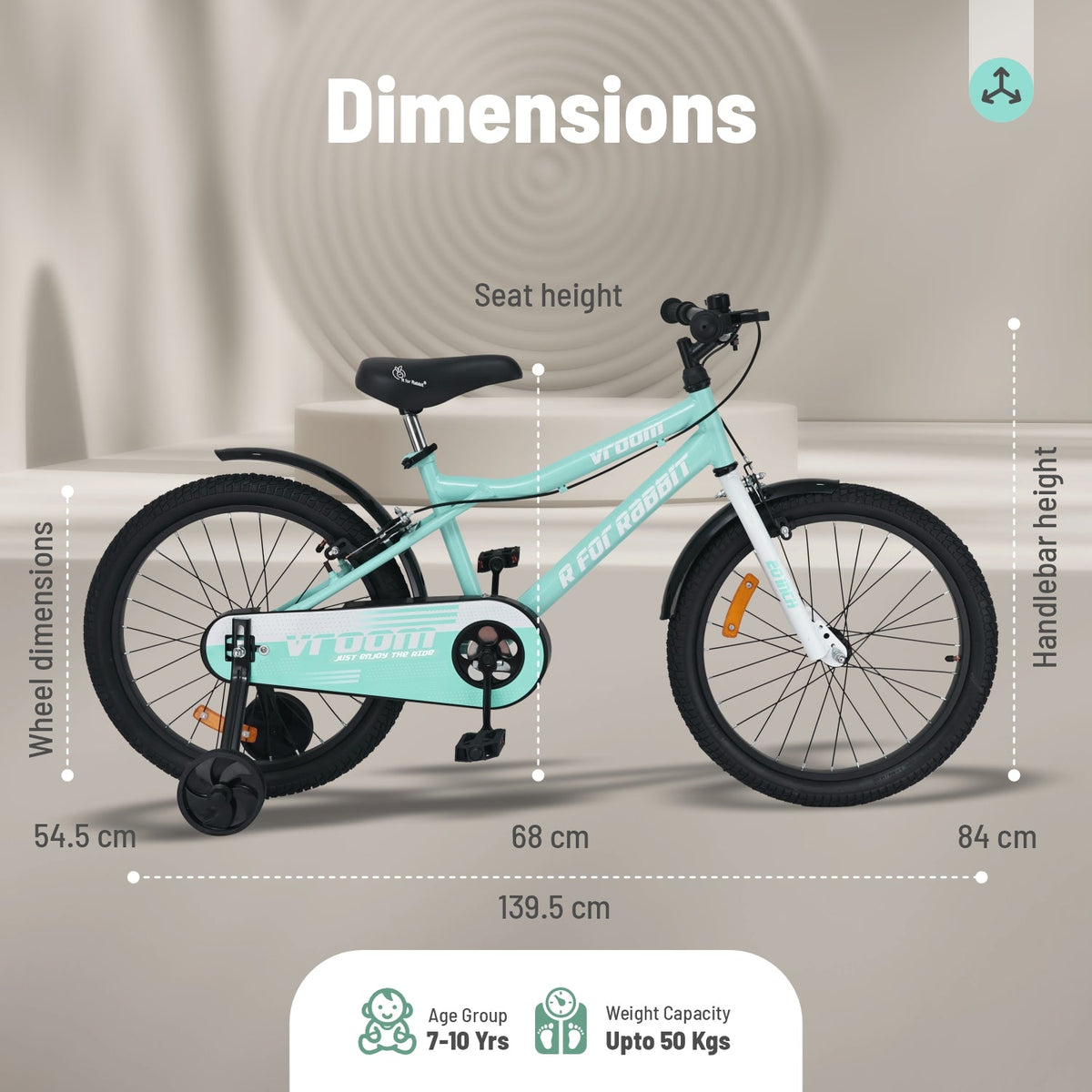 Vroom Bicycle For Kids 20 Inch With 90% Plug And Play For Ease Of Installation, Wide Training Wheels, Adjustable Seat, 7-10yrs, Upto 50kgs - Sea Green