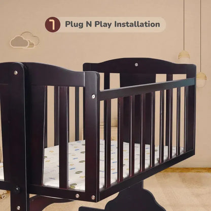 Dream Time Wooden Cradle - Swing & Wheel Lock, High Quality Pine Wood, Scratch Resistant - Brown