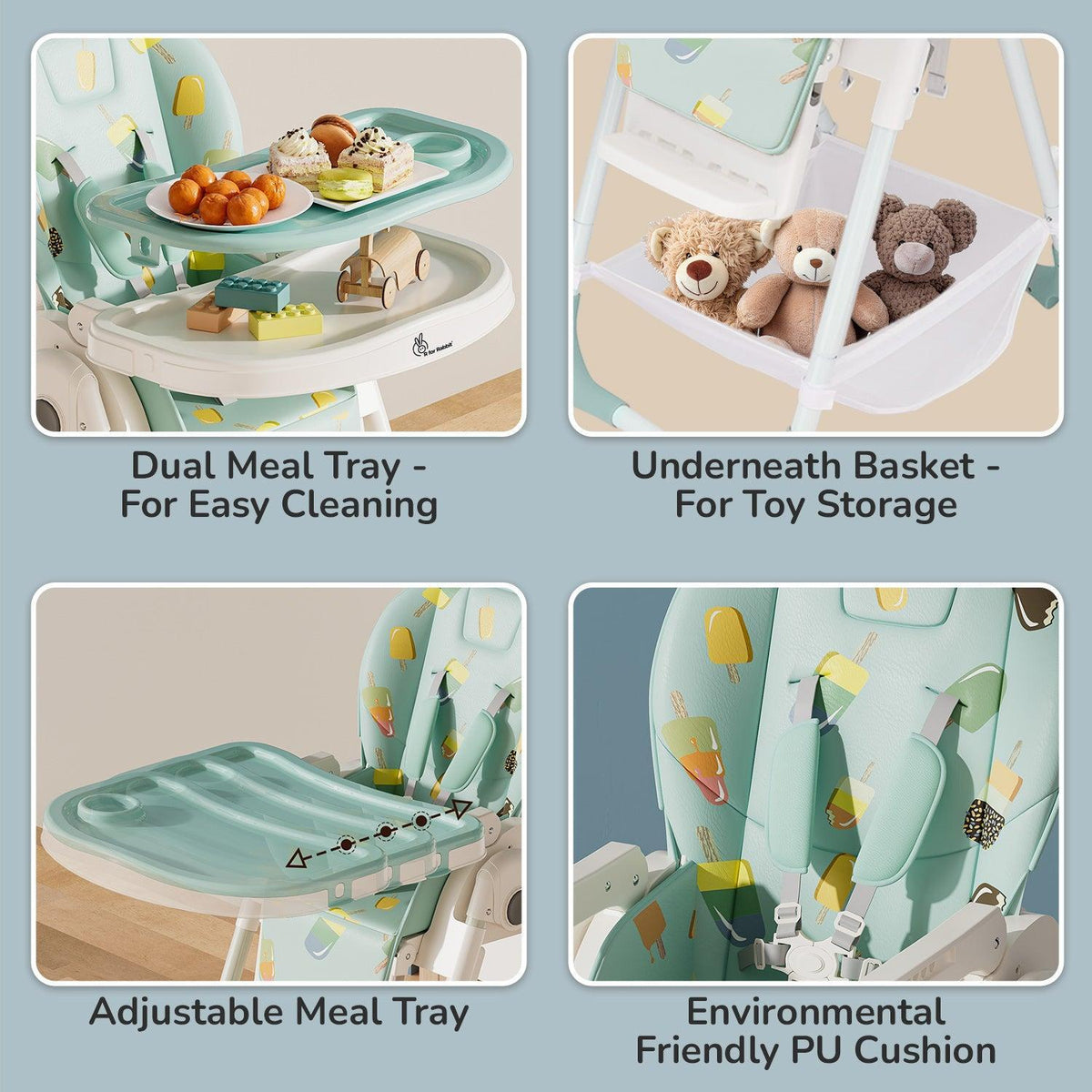 Marshmallow High Chair - 7 Level Height Adjustment, 3 Recline Modes, Adjustable & Removable Double Meal Tray, 6 months-5 years - Candy Blue