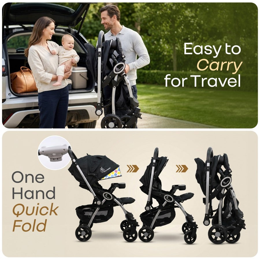 Chocolate Ride Stroller For Kids Reversible Handle, Multiple Recline Positions, Cup Holder with Meal Tray, 5 Point Safety Harness, Storage Basket - Black Multi