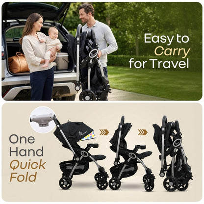 Chocolate Ride Stroller For Kids Reversible Handle, Multiple Recline Positions, Cup Holder with Meal Tray, 5 Point Safety Harness, Storage Basket - Black Multi