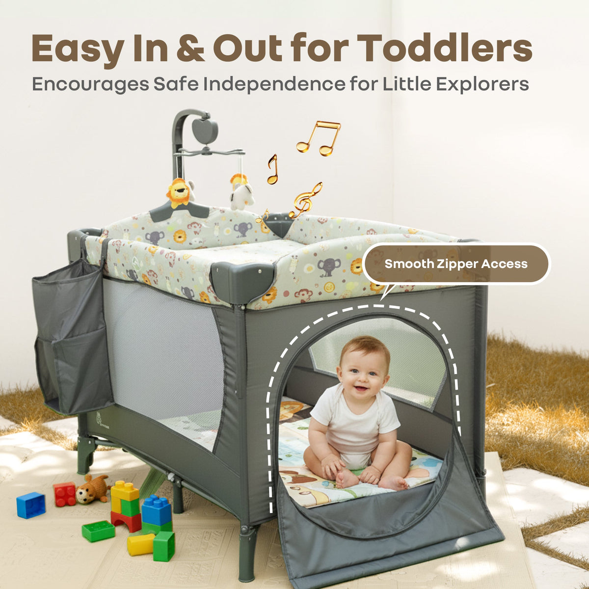 Hide N Seek Multiplay Cot - Convertible Baby Cot with Diaper Changer, Playpen & Travel Bag - Black Multi