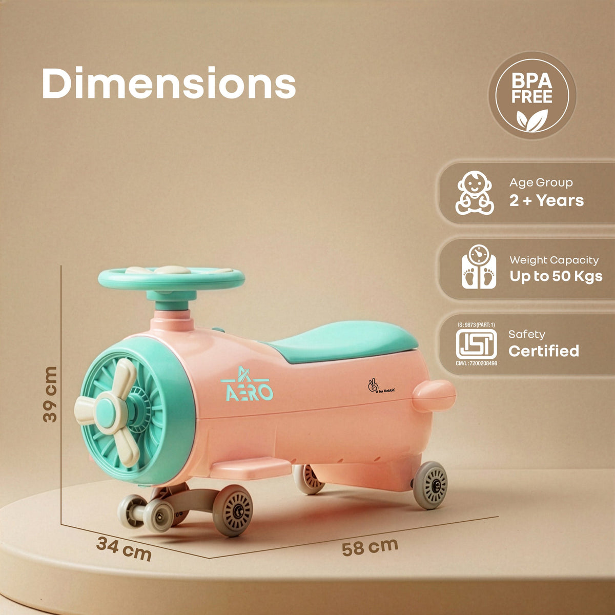 R for Rabbit Iya Iya Aero Ace 2-in-1 Swing Car Ride On for Kids with Toy Storage, Smooth Wheels & ABEC 7 Bearing - Peach Green