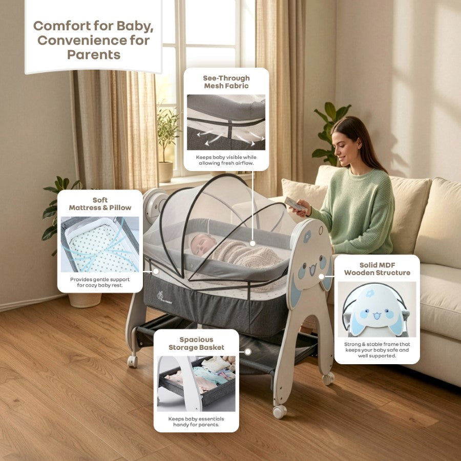 Lullabies Woodsy Bunny Smart Baby Cradle – 2-in-1 Auto Swing Cradle & Bedside Bassinet with Bluetooth Music, Timer, Plush Mattress, Mosquito Net & Storage Basket (0–18 Months) - Grey White