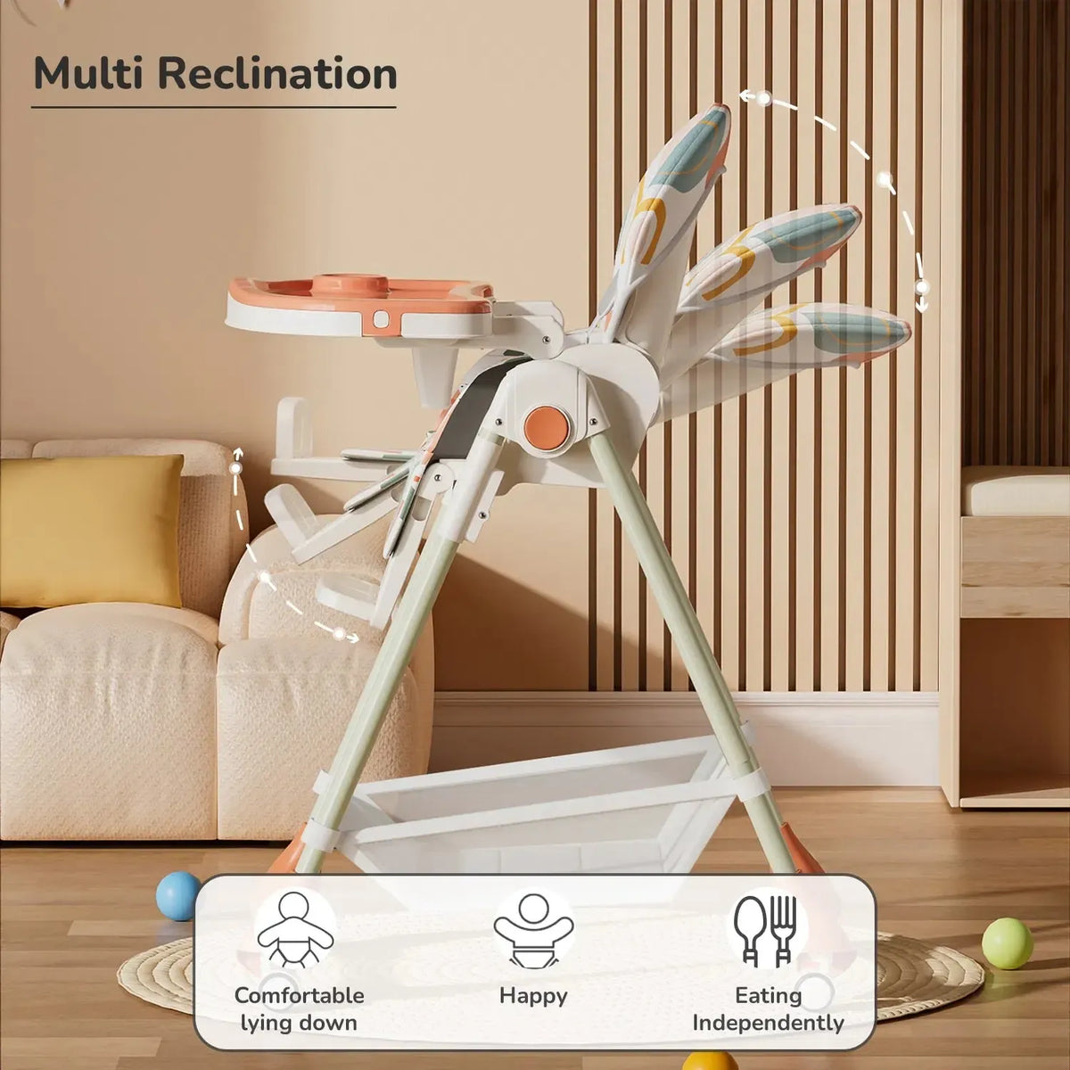 Marshmallow High Chair - 7 Level Height Adjustment, 3 Recline Modes, Adjustable & Removable Double Meal Tray, 6 months-5 years - Abstract Peach