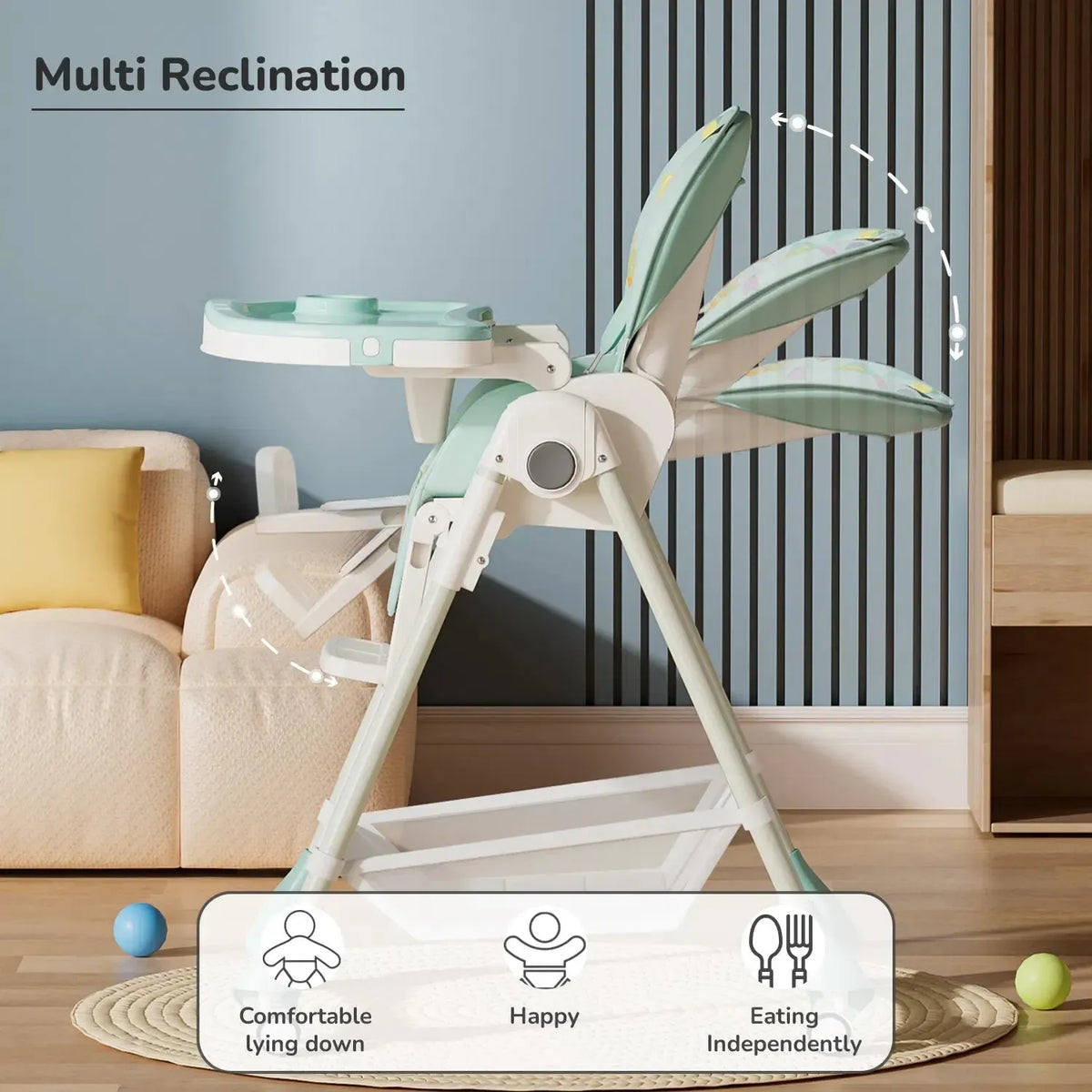 Marshmallow High Chair - 7 Level Height Adjustment, 3 Recline Modes, Adjustable & Removable Double Meal Tray, 6 months-5 years - Candy Blue