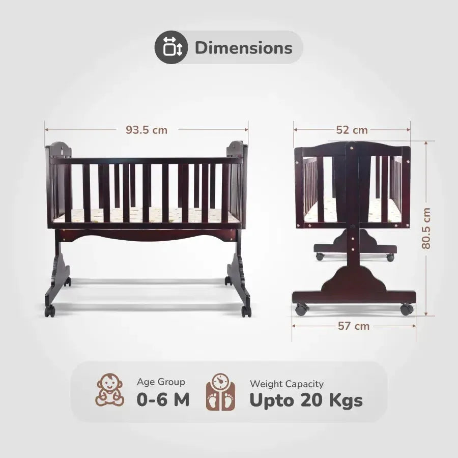 Dream Time Wooden Cradle - Swing & Wheel Lock, High Quality Pine Wood, Scratch Resistant - Brown
