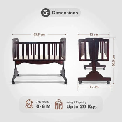 Dream Time Wooden Cradle - Swing & Wheel Lock, High Quality Pine Wood, Scratch Resistant - Brown