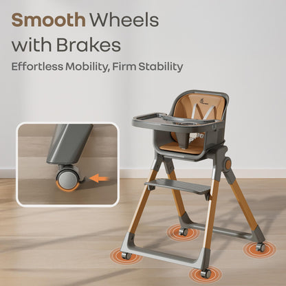 Walnut High Chair - 3 in 1 Convertible kids Highchair with Booster & Stool - Dark Grey