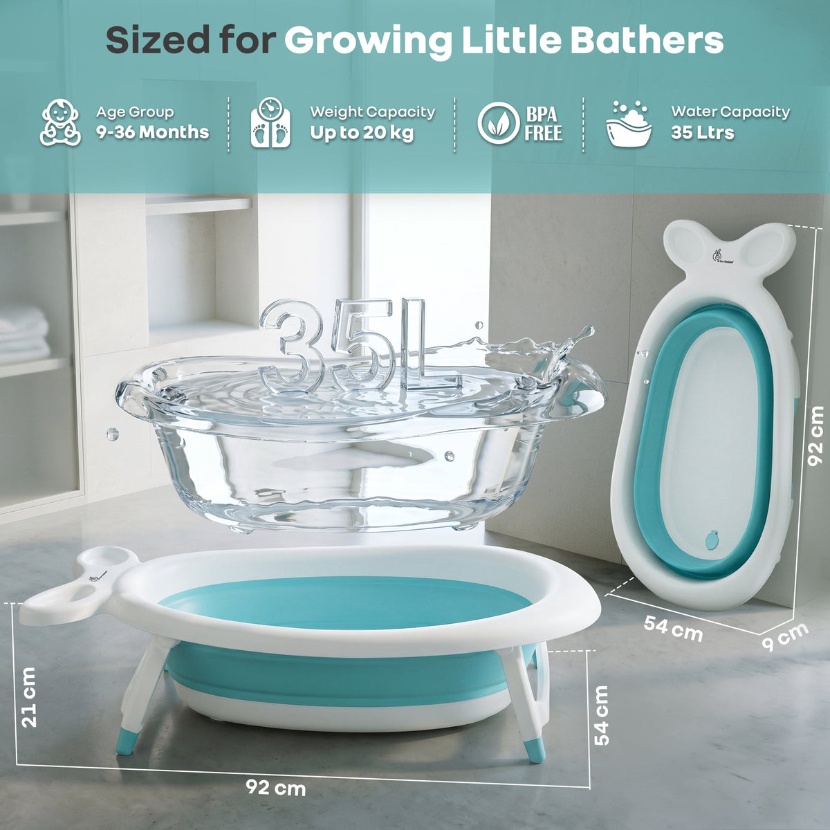 Bubble Double Finzy Baby Bathtub 9-36 Months, Foldable Cocoon Design, Anti-Skid Base & Drain Plug - White Blue