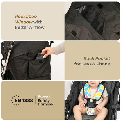 Chocolate Ride Stroller For Kids Reversible Handle, Multiple Recline Positions, Cup Holder with Meal Tray, 5 Point Safety Harness, Storage Basket - Black Multi
