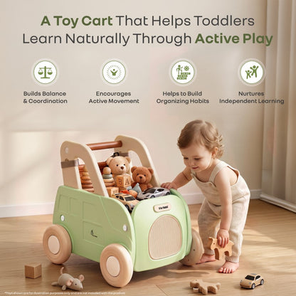 Kiddie Kart 4 in 1 Kids Toy Storage Cart, Sit & Ride, Push Walker & Pull Along, Adjustable Dual Height Handlebar, Quick Plug & Play, Age 0–3 Years – Green Beige