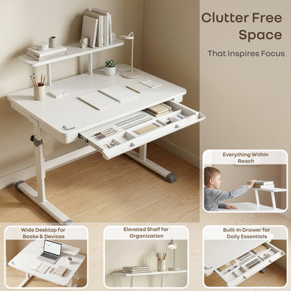 Kiddie Grow Edge Kids Study Table & Chair Set 3-15 Years, Adjustable Height, Storage Drawer & Bookshelf - White Grey