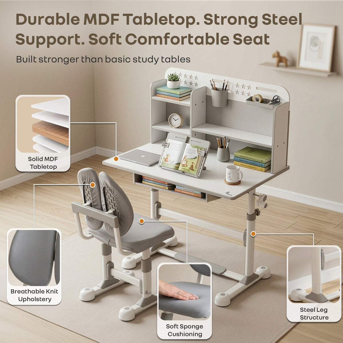 Kiddie Grow Flex Adjustable Kids Study Table with Chair – Ergonomic Desk with Storage Shelves, Drawer, Spacious Tabletop & Height Adjustment for Growing Kids (3–15 Years) - Grey White
