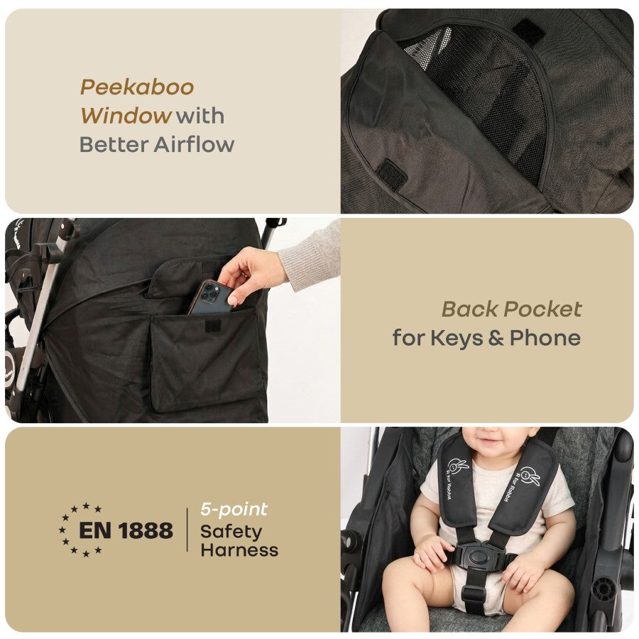 Chocolate Ride Stroller For Kids Reversible Handle, Multiple Recline Positions, Cup Holder with Meal Tray, 5 Point Safety Harness, Storage Basket - Black Grey