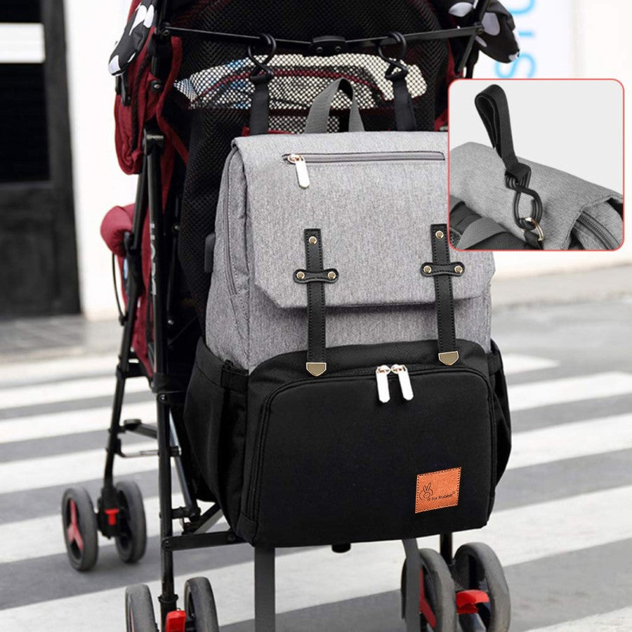 Caramello Smart Premium Diaper Bag for Moms & Dads with USB & Trolley Strap - Black Grey