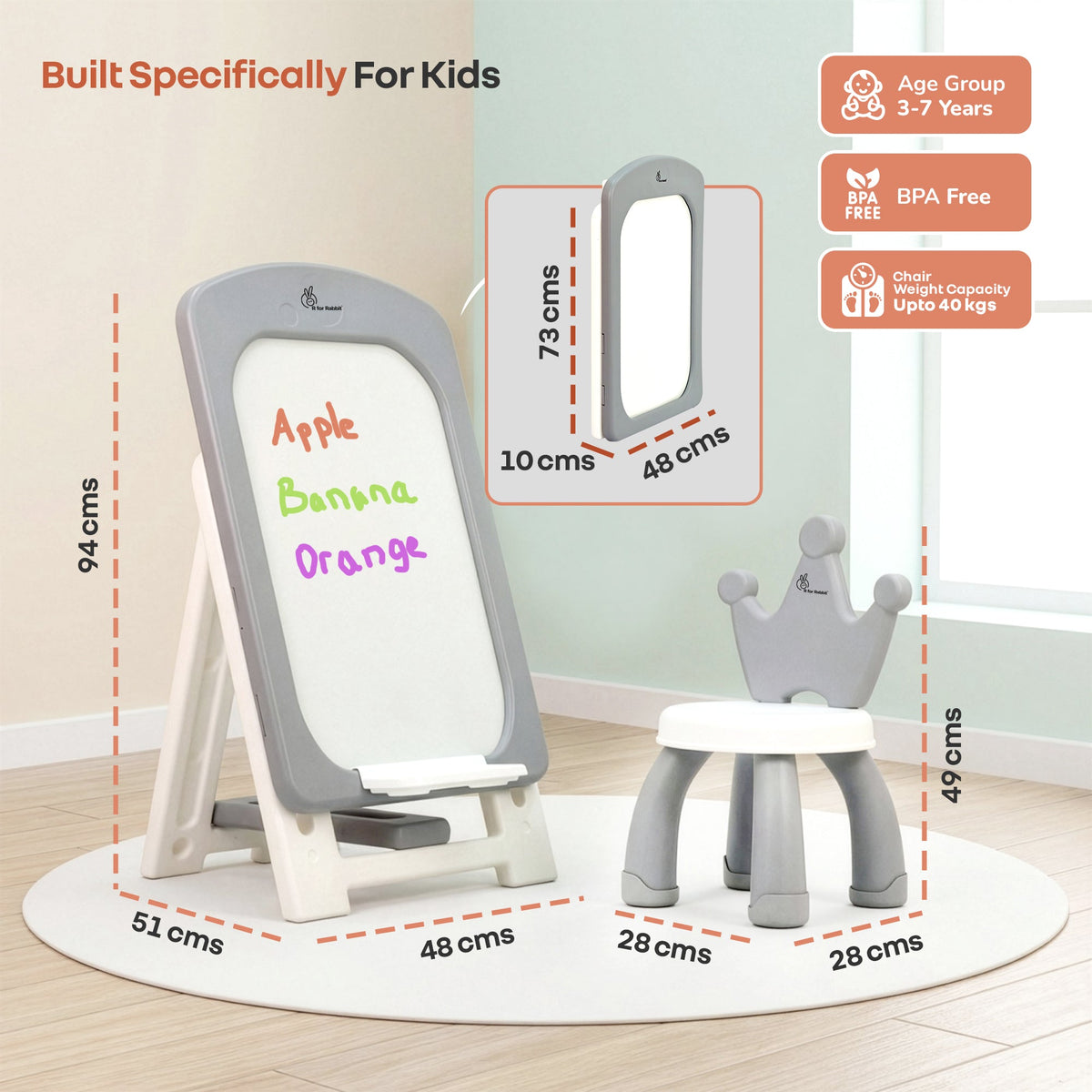 Little Genius Doodle Duo Whiteboard & Chair Set for 3–7 Years, 7-Level Height Adjustable, Foldable Study Table, Upto 40 kg - Grey White