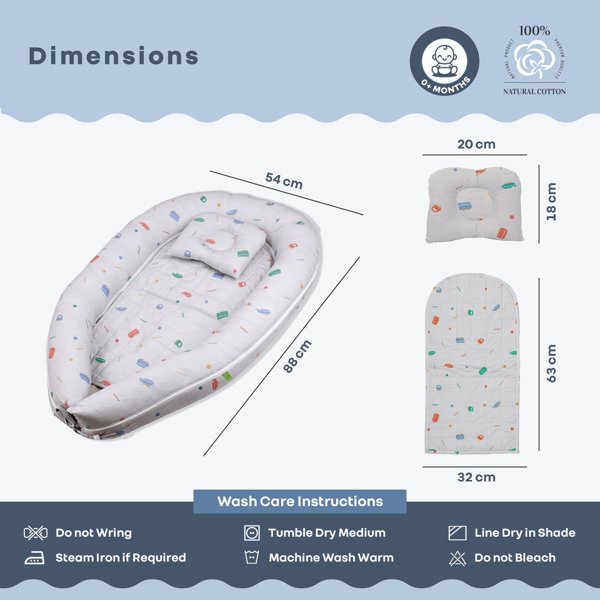 Snuggy Cuddles Newborn Baby Bed - Anti-Roll Baby Nest - 100% Cotton Breathable Lounger - Roadster Grey