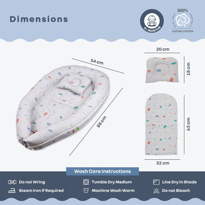 Snuggy Cuddles Newborn Baby Bed - Anti-Roll Baby Nest - 100% Cotton Breathable Lounger - Roadster Grey
