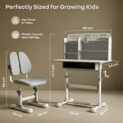 Kiddie Grow Flex Adjustable Kids Study Table with Chair – Ergonomic Desk with Storage Shelves, Drawer, Spacious Tabletop & Height Adjustment for Growing Kids (3–15 Years) - Grey White